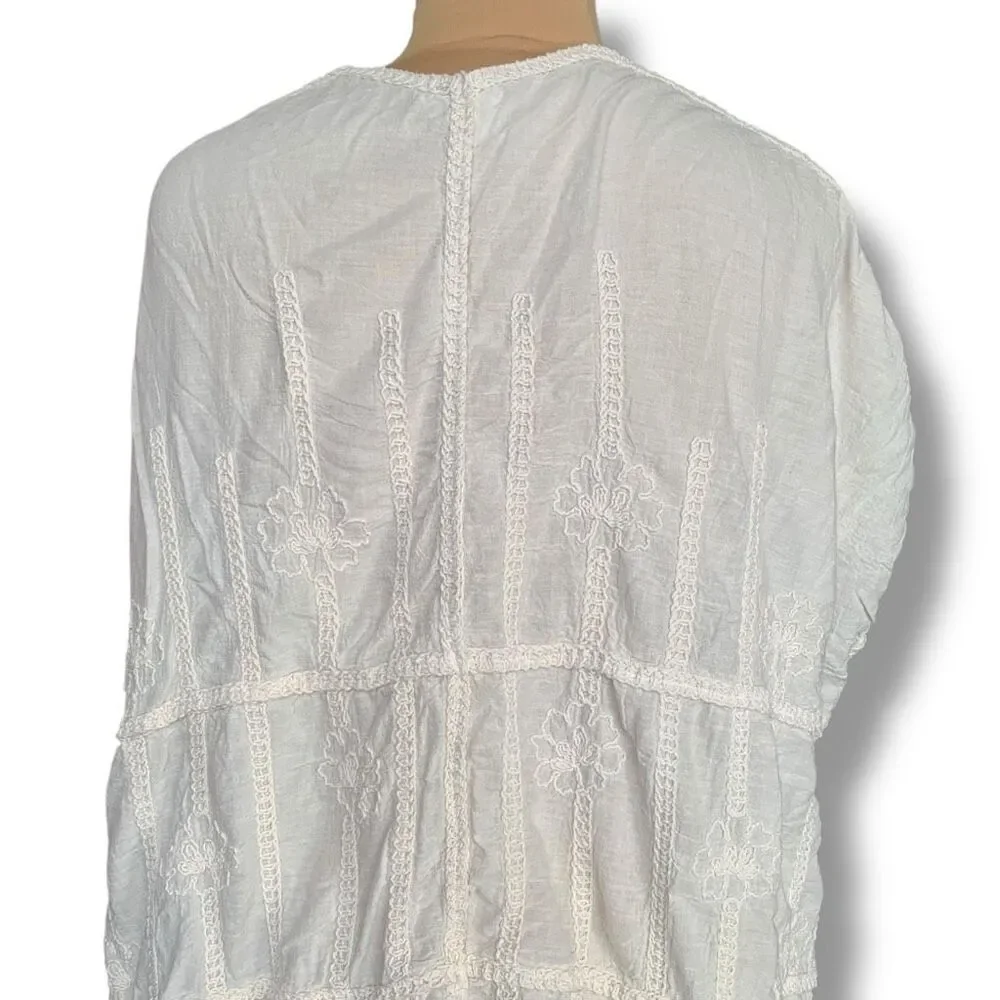 Chico’s White Embroidered Boho Floral Kimono‎ Open Front Drape Cardigan One Size
